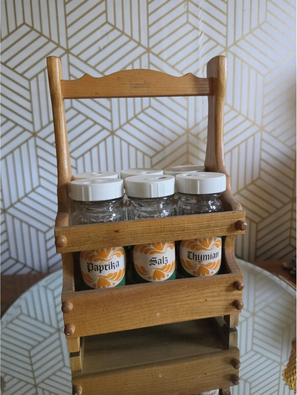 Vintage Wooden Spice Caddy W 6 Glass Jars With Dispenser Lids